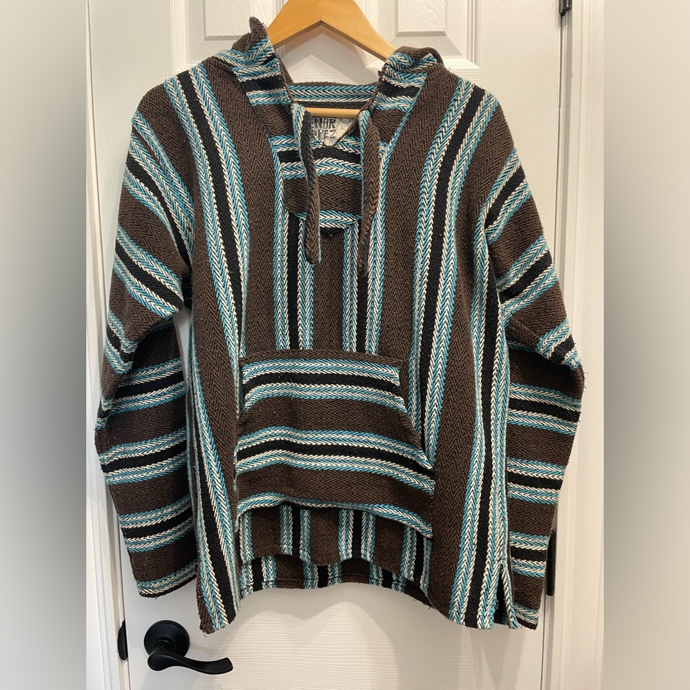 Original Senor Lopez Hoodie Men Small Brown Blue Woven Baja Drug Rug Hooded